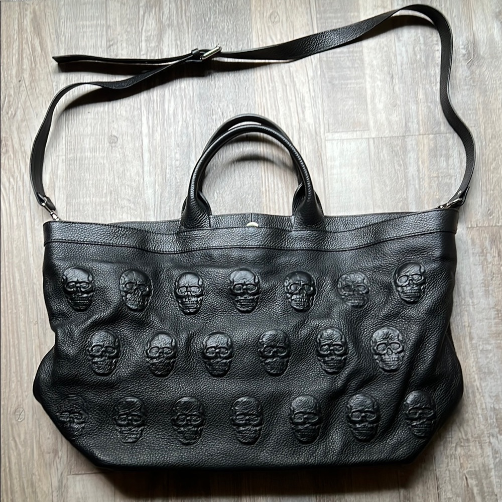 Black Embossed Skull Leather Tote Bag by IO Pelle